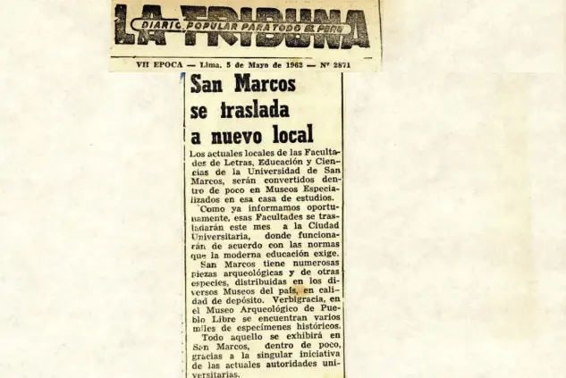 Noticia del periódico “La Tribuna” del 5 de mayo de 1962, en el que se anuncia el traslado de las Facultades de San Marcos a la nueva Ciudad Universitaria.